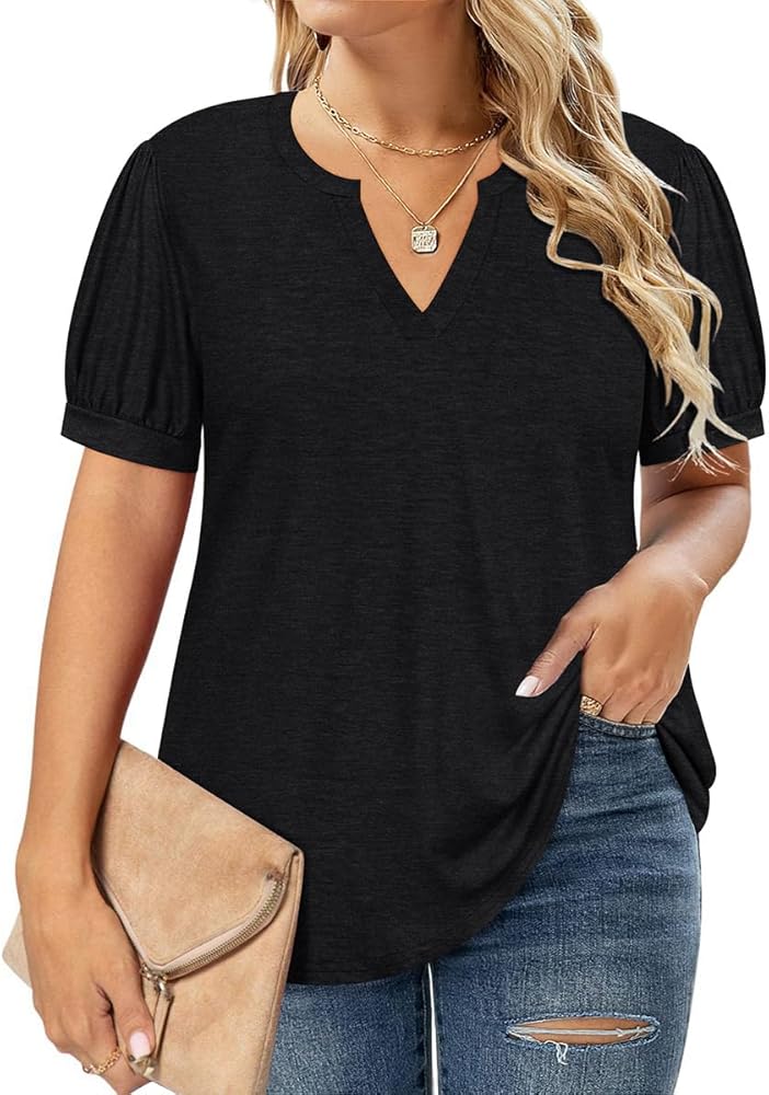 RITERA Plus Size Tops for Women Short Puff Sleeve Blouse Casual V Neck Tunic Oversize Loose Fit Ladies Tunic Summer XL-5XL