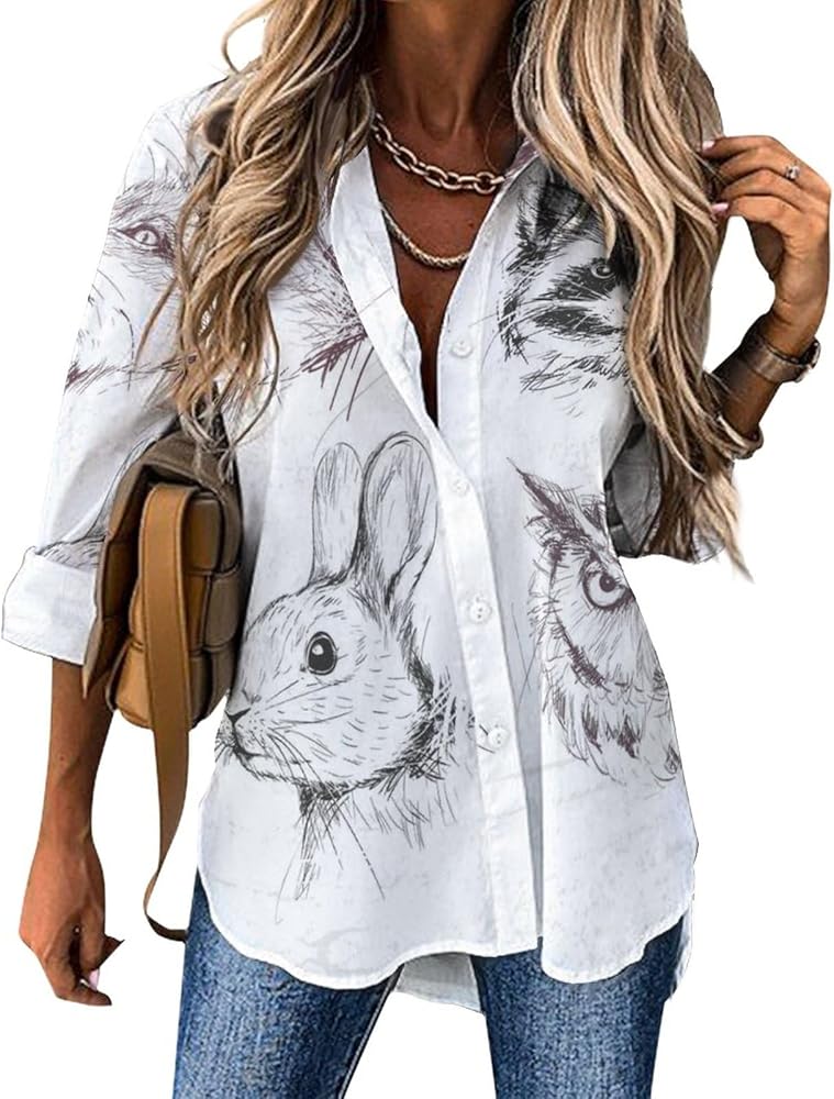 Forest Animals Fox Raccoon Rabbit and Owl Blouses for Women Hawaiian Button Down Long Sleeve Shirts Tees Tops