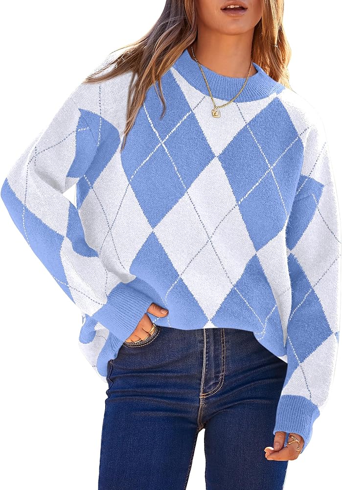 BTFBM Womens Sweaters Fall 2024 Argyle Oversized Sweater Crew Neck Long Sleeve Pullover Knit Plaid Jumper Winter Clothes