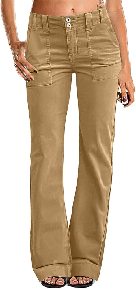 Causal Wide Leg Pants for Women Y2K Stretch Twill High Waisted Chino Pants Comfy Slim Fit Dress Pants with Pockets