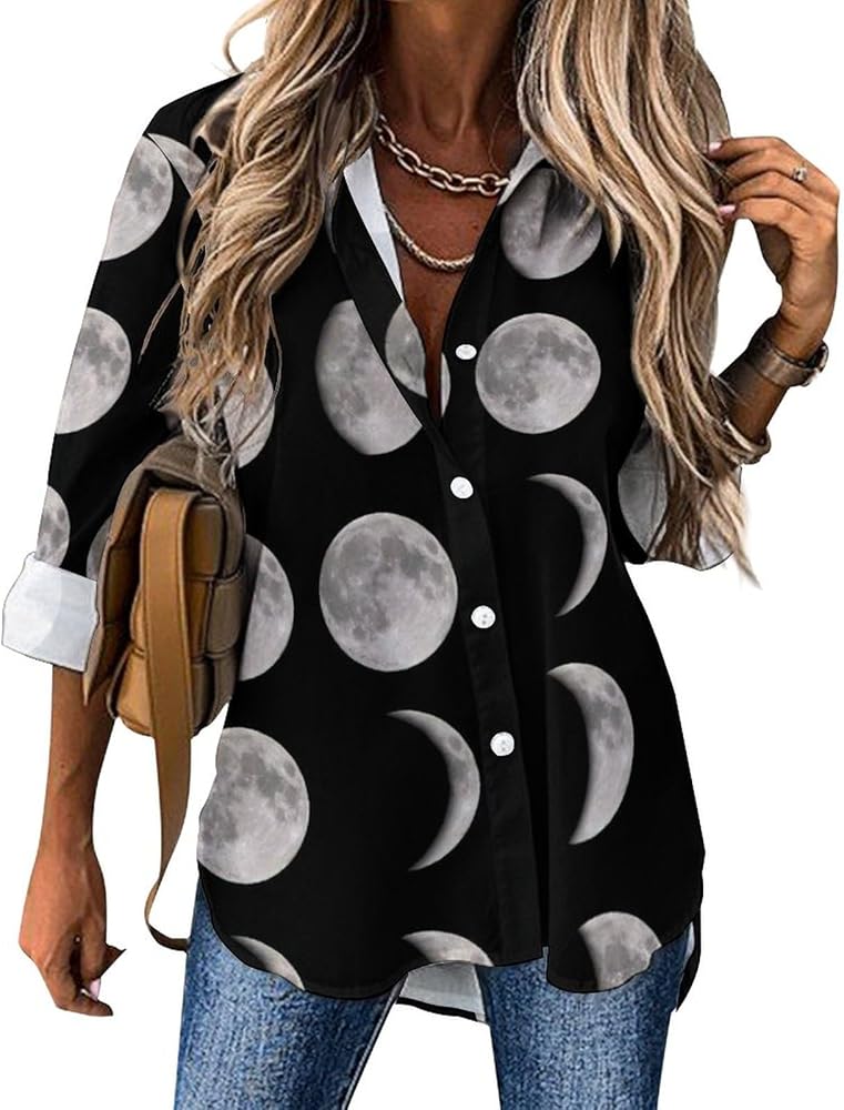 Moon Phases Long Sleeve Shirts for Women Irregular Hem Button Down Blouse Loose V Neck Tees Top