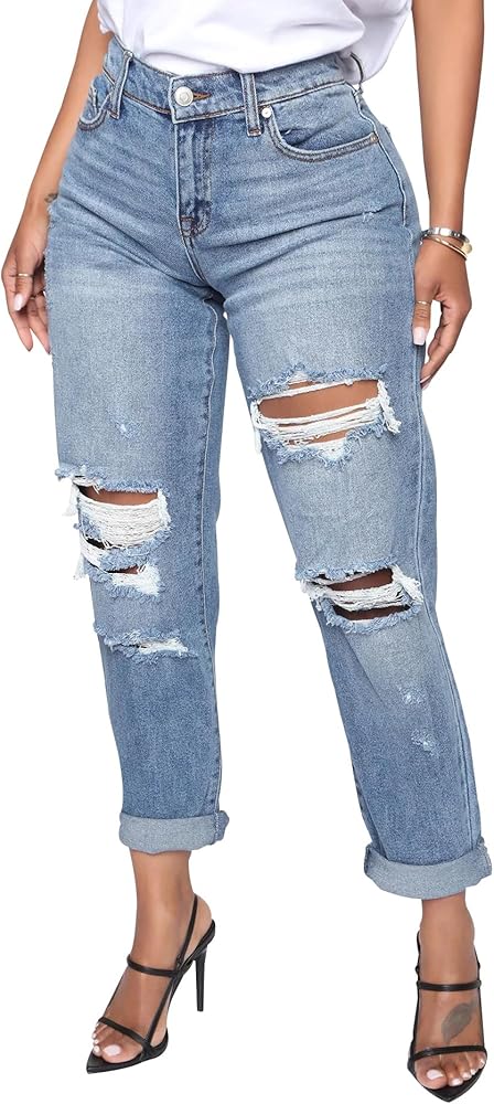 BessCops Women's Boyfriend Jeans Stretchy Ripped Distressed Denim Mom Jean Pants