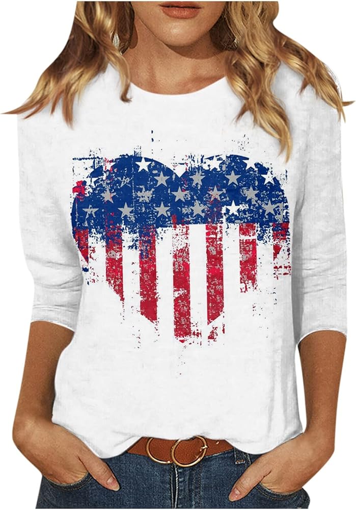 Women Fourth of July Shirt 3/4 Sleeve Summer Tops USA Flag Shirts Retro Print Quarter Length Sleeve Tunic Blouses