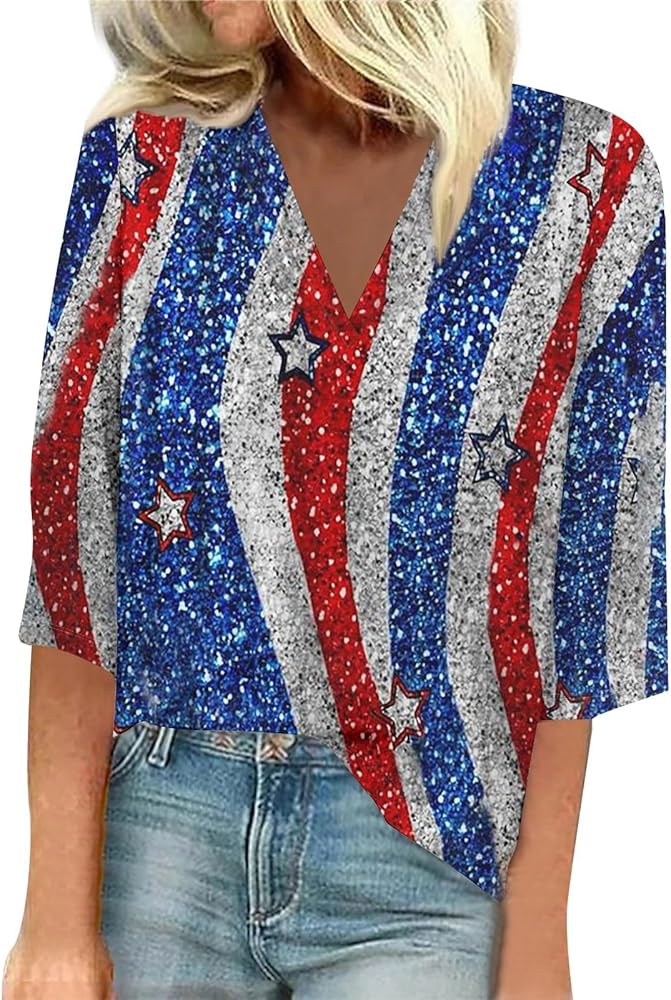 2024 4th of July Womens 3/4 Sleeve Tops Patriotic Casual Loose V Neck Shirts Red Whiter and Blue Tee for Independence Day