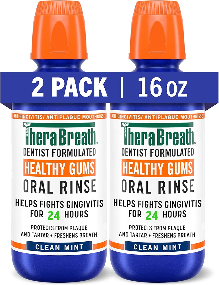 TheraBreath Healthy Gums Mouthwash Clean Mint, Antigingivitis, Dentist Formulated, 16 Fl Oz (2-Pack)