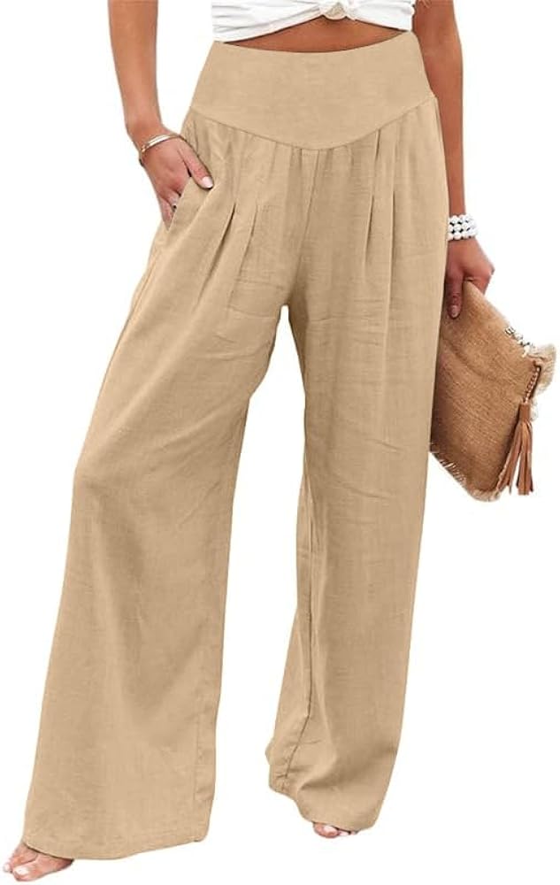 FASHGL Women's Wide Leg Palazzo Pants with Pockets Casual Elastic Waist Pants Flowy High Waist Elastic Pants