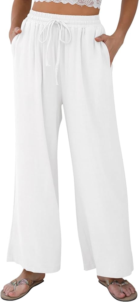 Women Linen Wide-Leg Palazzo Pants Summer Flowy Baggy High Waist Casual Lounge Travel Trousers with Pockets