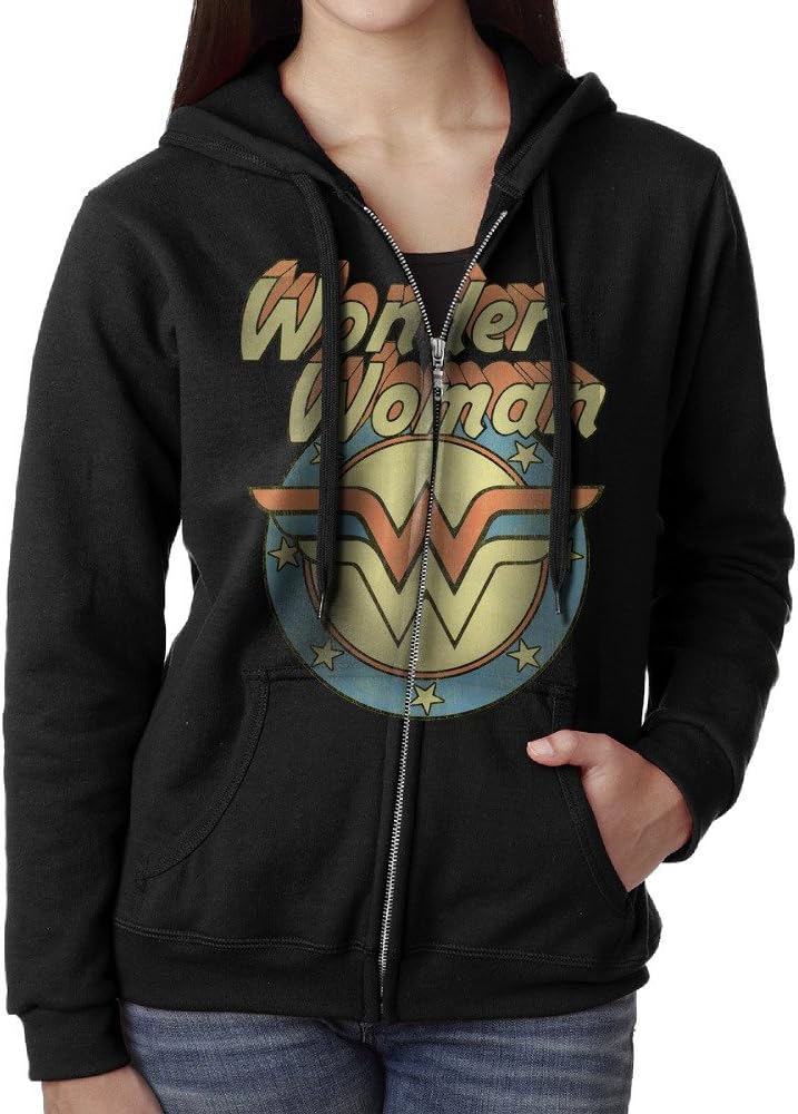 Comics Licensed Retro Wonder Woman Zip-Up Hoodie Jackets Kangaroo Pocket for Women Black