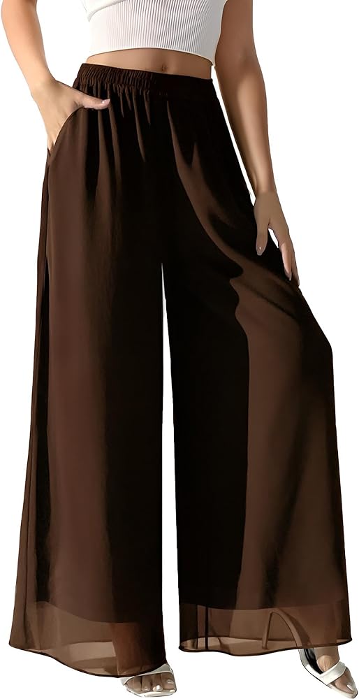 Palazzo Pants for Women Dressy Summer Casual Boho Chiffon Wide Leg Pants Elegant Flowy Beach Pants