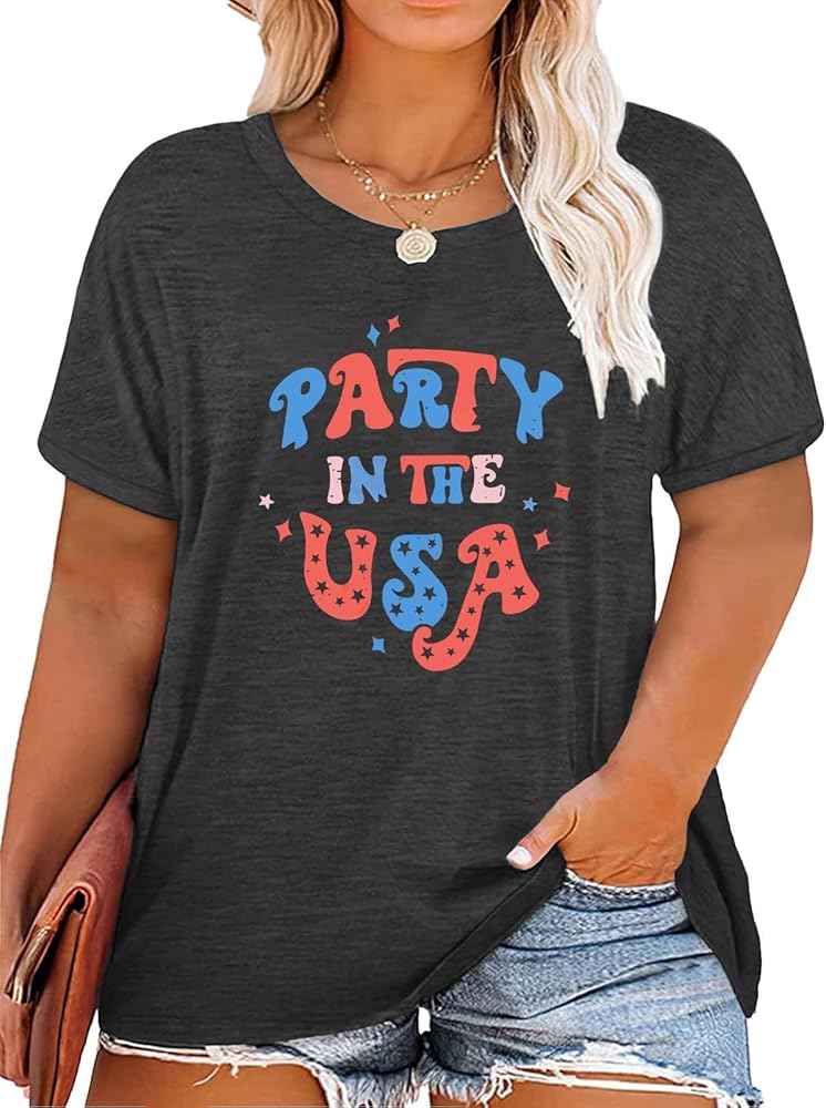 Plus Size USA Flag Shirt for Women 4th of July American Flag Print Tee Tops Short Sleeve Patriotic T-Shirt Blouse