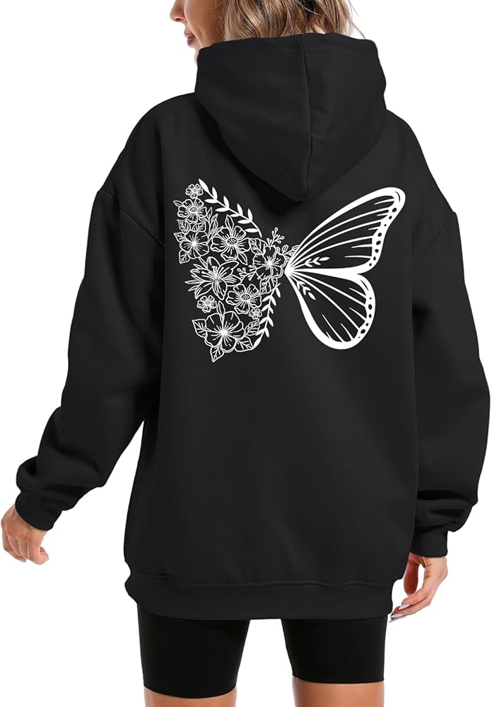 Oversized Cute Graphic Aesthetic Hoodies for Women Teen Girls Floral Butterfly Print Hooded Sweatshirt Pullover Tops