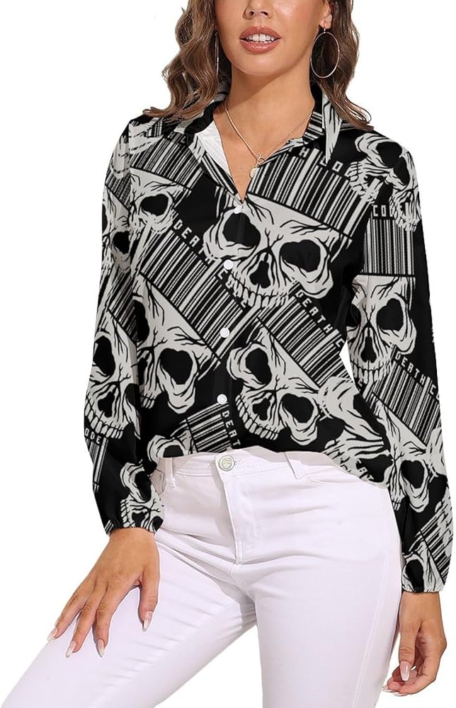 Gothic Sign with Skull Women's Long-Sleeve Shirt Button Down Tees Blouse Vintage Casual Tops