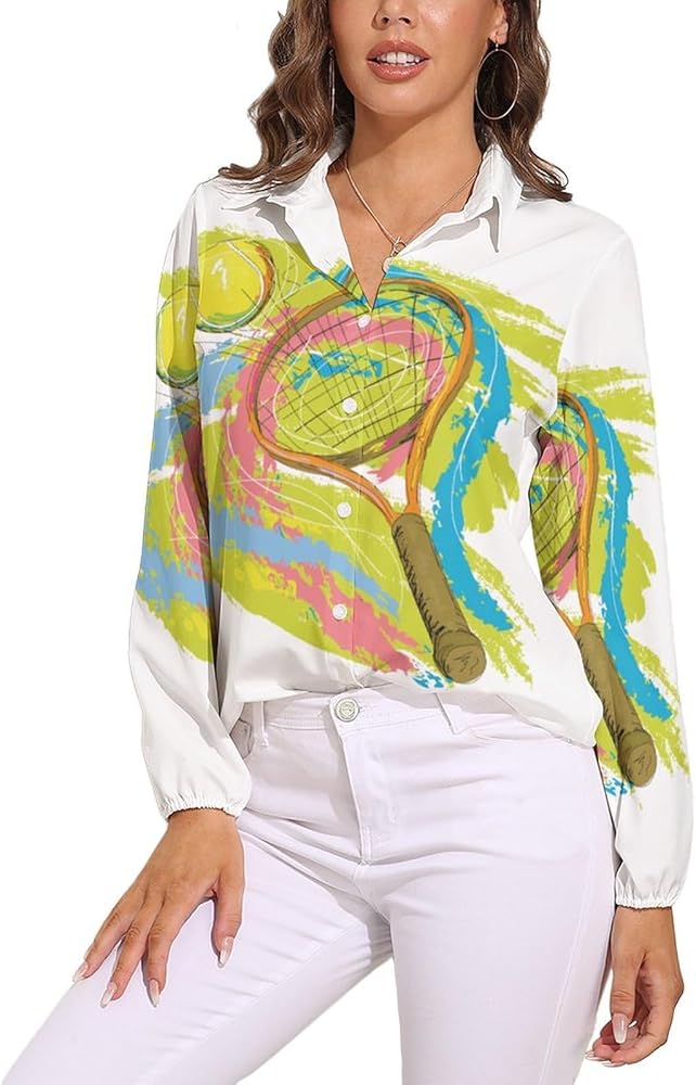 Graffiti Tennis Racket Women's Long-Sleeve Shirt Button Down Tees Blouse Vintage Casual Tops