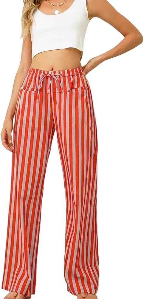 Women Wide Leg Striped Pants Cotton Casual Comfy Loose Lounge Drawstring Palazzo Trousers with Pockets