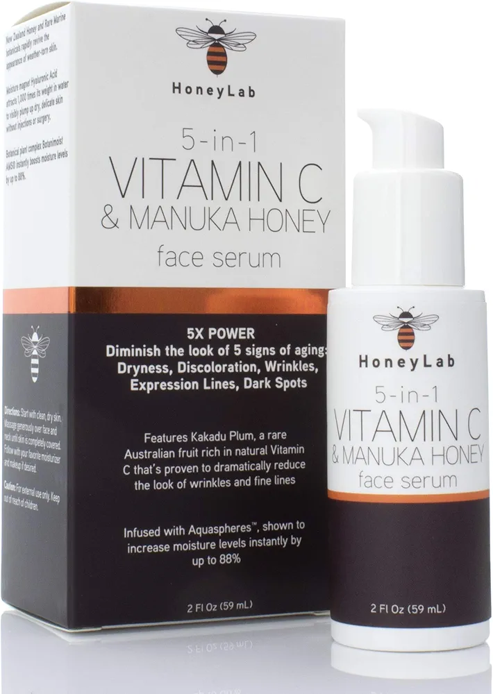 Vitamin C Face Serum with Hyaluronic Acid, Manuka Honey and peptides. Anti-aging serum contains Marine extracts that soften the look of dark spots, wrinkles and fine lines. 2oz bottle.