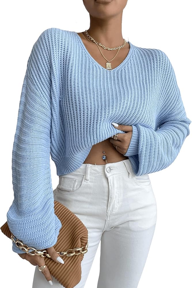 SOLY HUX Women's V Neck Drop Shoulder Long Sleeve Sweater Oversized Pullover Crop Tops