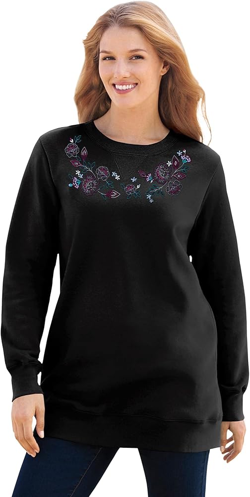 Woman Within Women's Plus Size Fleece Sweatshirt - 3X, Black Floral Embroidery