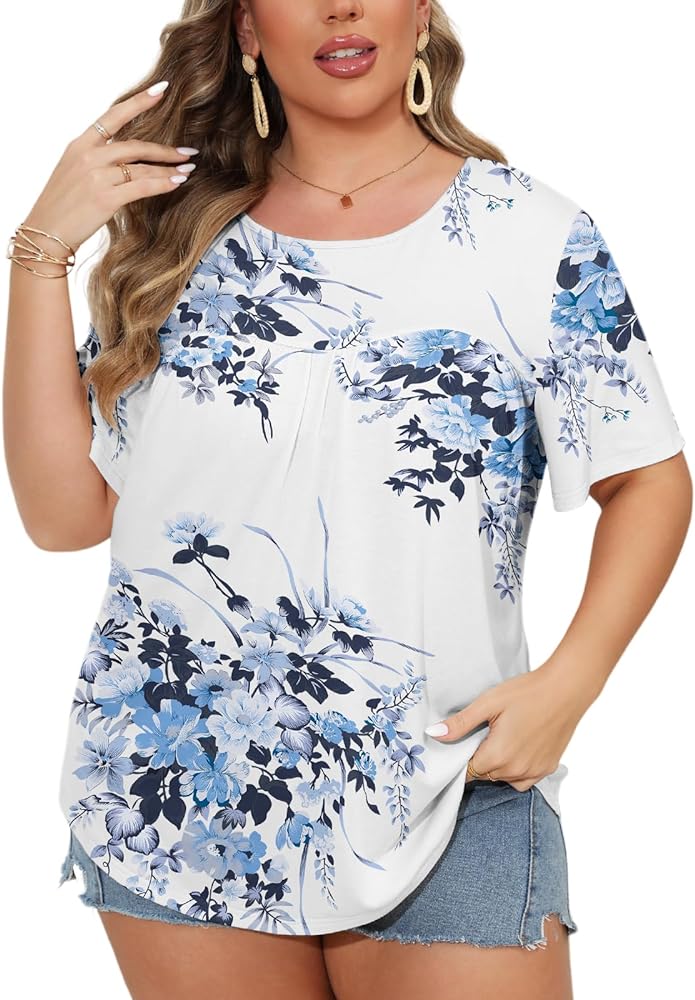 TAKEYAL Womens Plus Size Tops Floral Boho Tunic Tops Short Sleeve Front Pleated Crew Neck T Shirts Casual Blouse XL-5XL