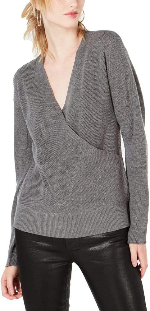 Bar III Womens Ribbed Trim Surplice Pullover Sweater Gray M