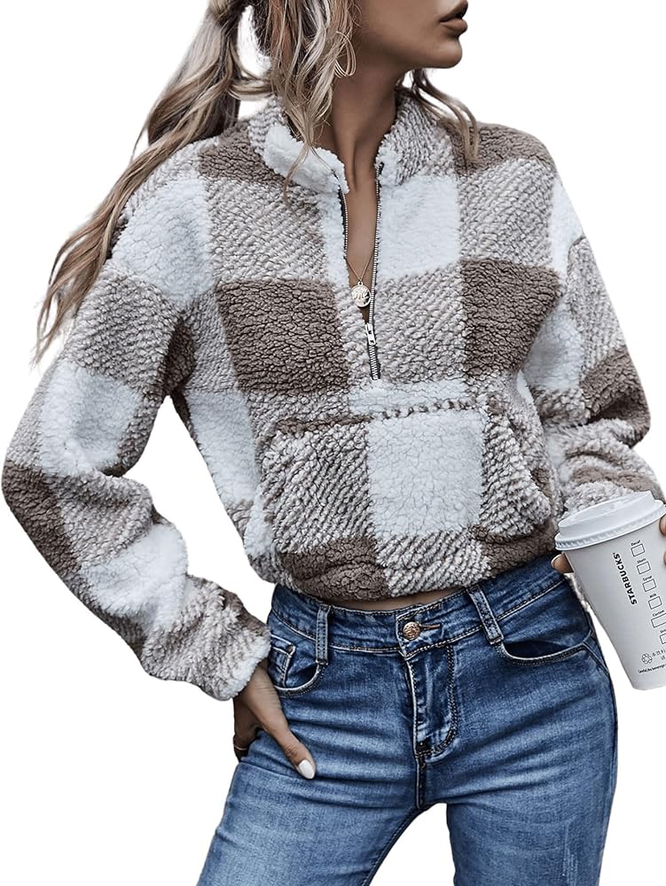 SOLY HUX Women's Plaid Print Fuzzy Half Zip Up Crop Sweatshirt Mock Neck Drop Shoulder Pullover Tops with Pocket