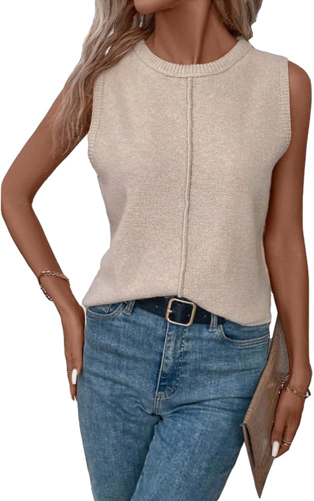 Women's Solid Crew Neck Sweater Tank Tops Summer Sleeveless Knitted Casual Vest Shirts