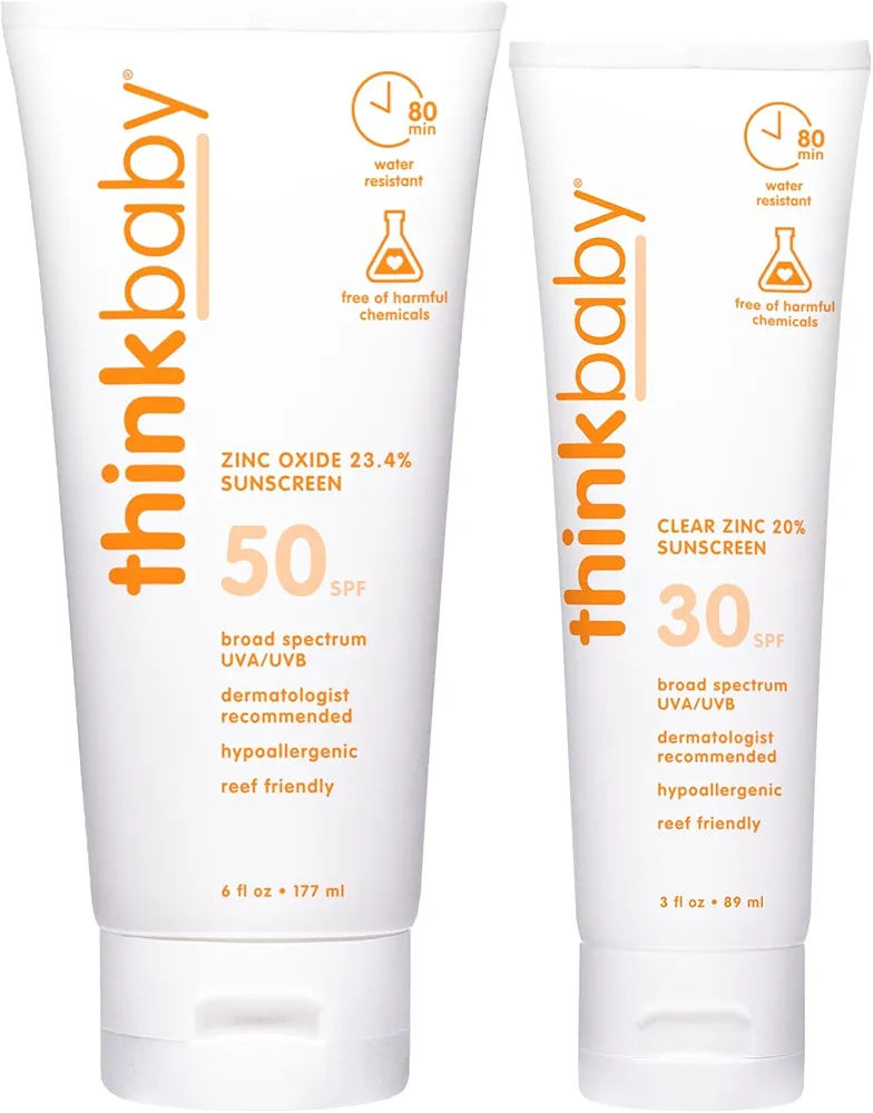 Thinkbaby SPF 30 Clear Zinc Sunscreen 3 Oz. + Thinkbaby SPF 50+ Baby Sunscreen 6 Oz.