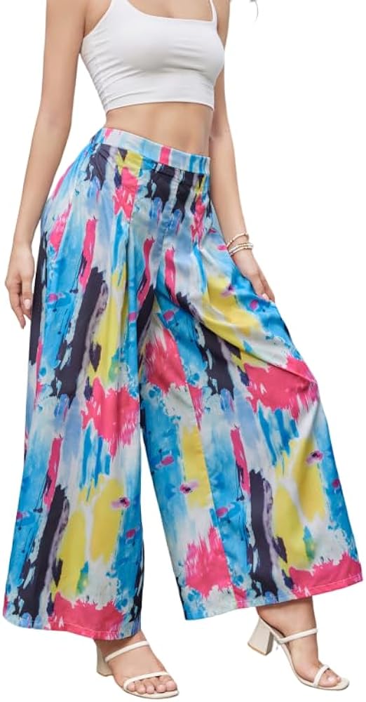 SOLY HUX Women's High Waist Print Wide Leg Pants Boho Loose Casual Long Palazzo Fit Pants Trousers