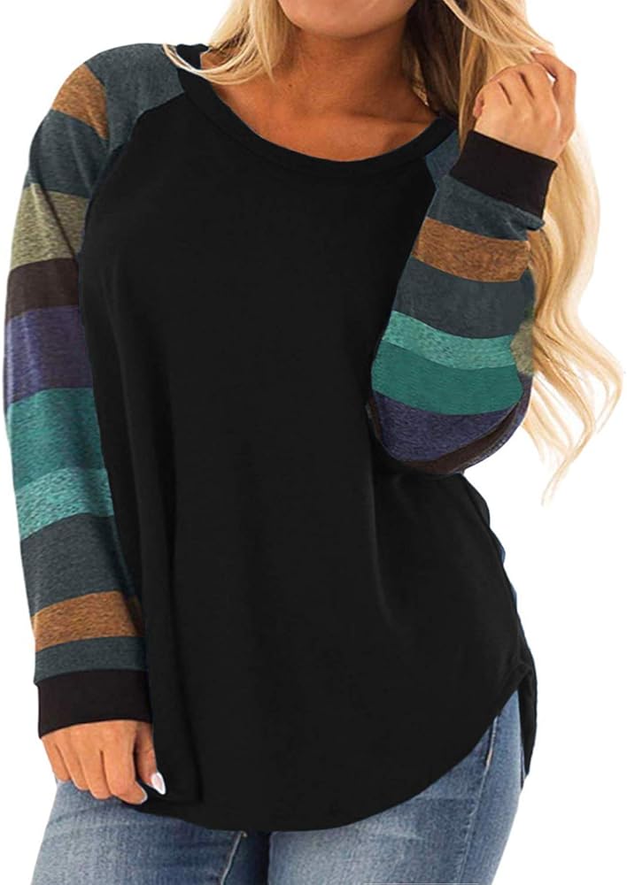 ROSRISS Womens Plus Size Long Sleeve Tunic Crewneck Colorblock Striped Tee Shirt