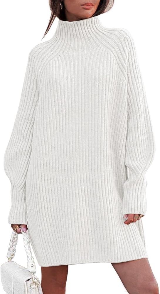 LILLUSORY Mock Neck Sweater Dress for Women Long Lantern Sleeve Oversized 2024 Fall Trendy Dress Ribbed Knit Sweater