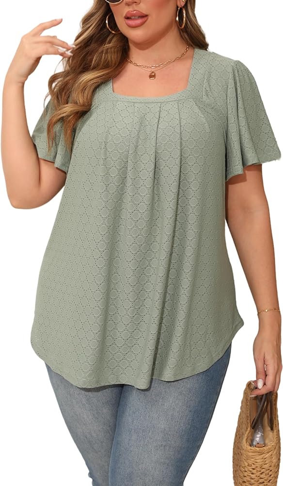 Womens Plus Size Tops Short Sleeve Casual Summer Square Neck Pleated Loose Fit Flowy Eyelet T Shirts Blouse (1X-5X)