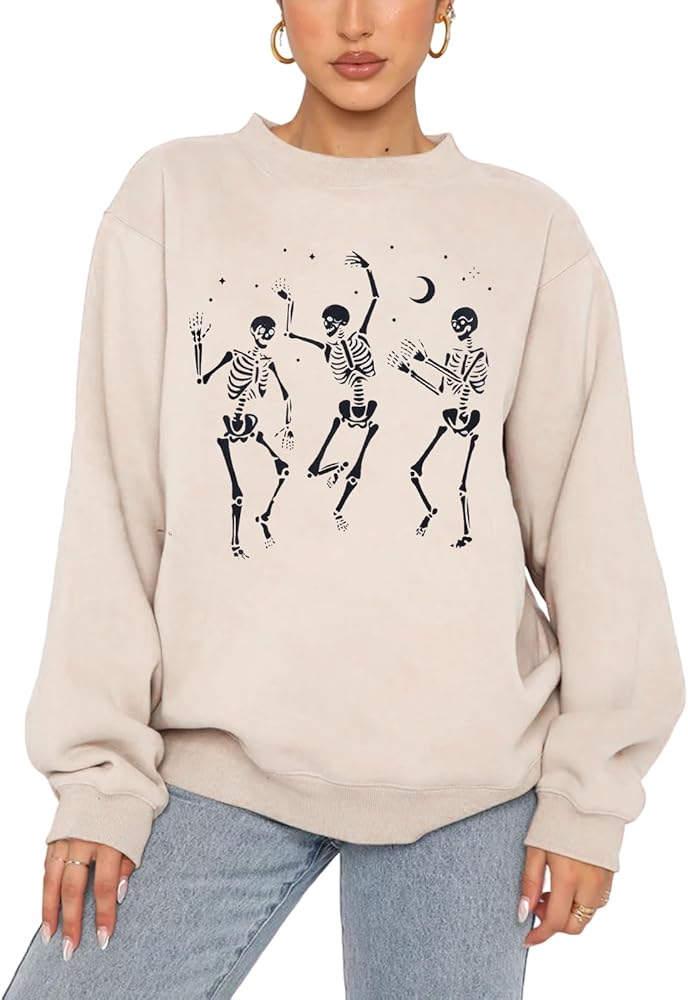 Women's Halloween Dancing Skeleton Sweatshirts Spooky Season Horror Skull Printed Pullover Shirt Oversized Tee Top