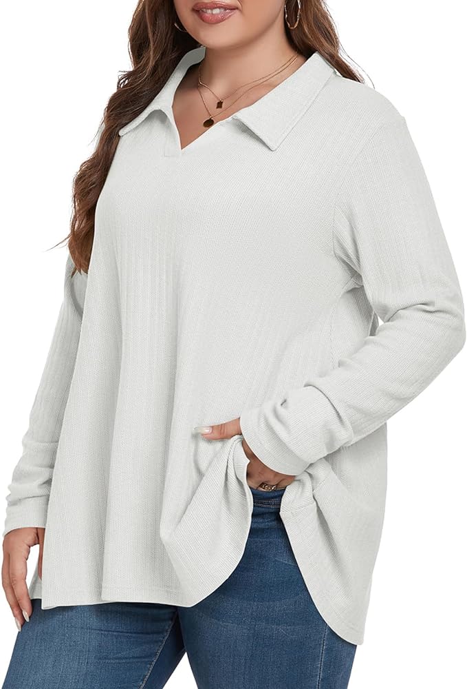 OVERWORETY Long Sleeve Raglan Plus Size Tunic Tops for Women Color Block Knit Pullover Fall Shirts with Pockets