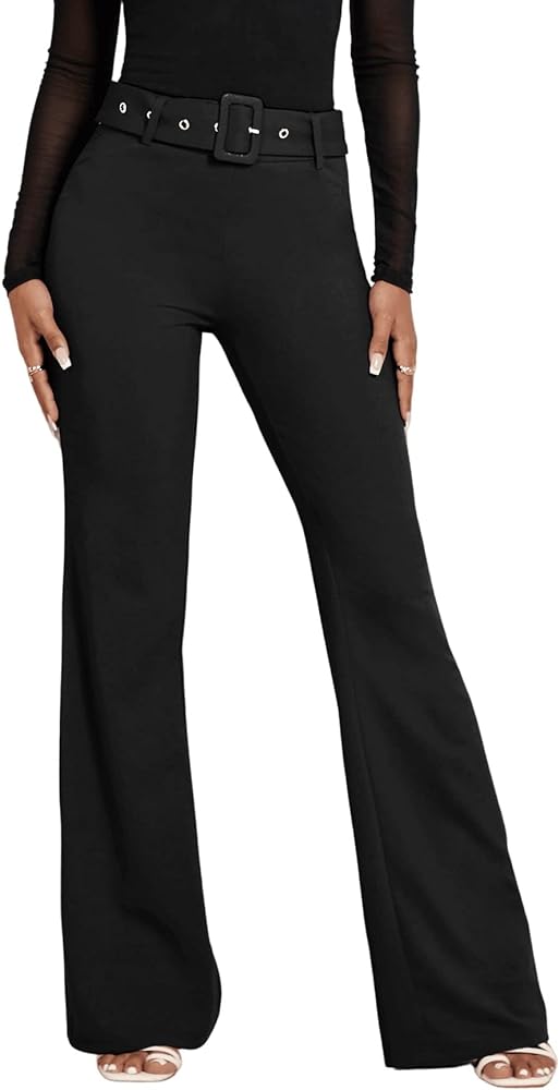 SweatyRocks Women's Casual High Waist Flare Wide Leg Pants Buckle Belted Long Trousers Pants