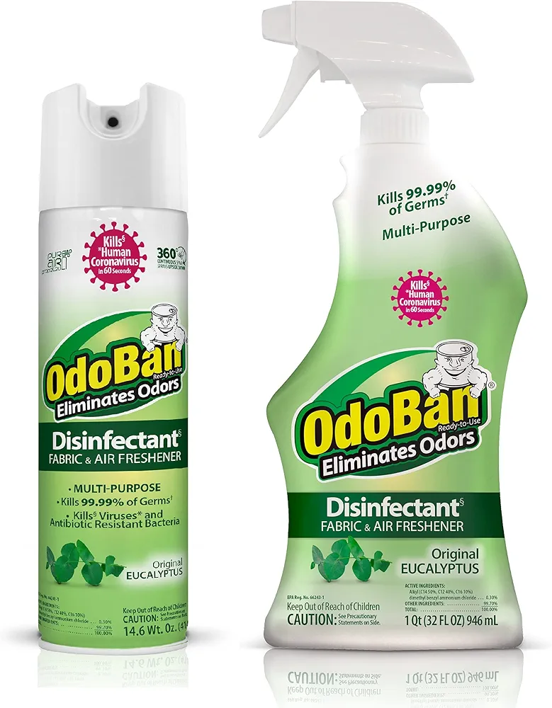 OdoBan Ready-to-Use Disinfectant and Odor Eliminator, Cleaner and Fabric/Air Freshener, Set of 2, 14.6 Ounce 360-Degree Continuous Spray and 32 Ounce Trigger Spray, Original Eucalyptus Scent