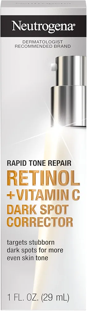 Neutrogena Rapid Tone Repair Retinol + Vitamin C Dark Spot Corrector Face Serum, Daily Anti-Wrinkle Dark Spot Corrector to Brighten & Even Tone, Mineral-Oil & Dye-Free, White, 1 oz