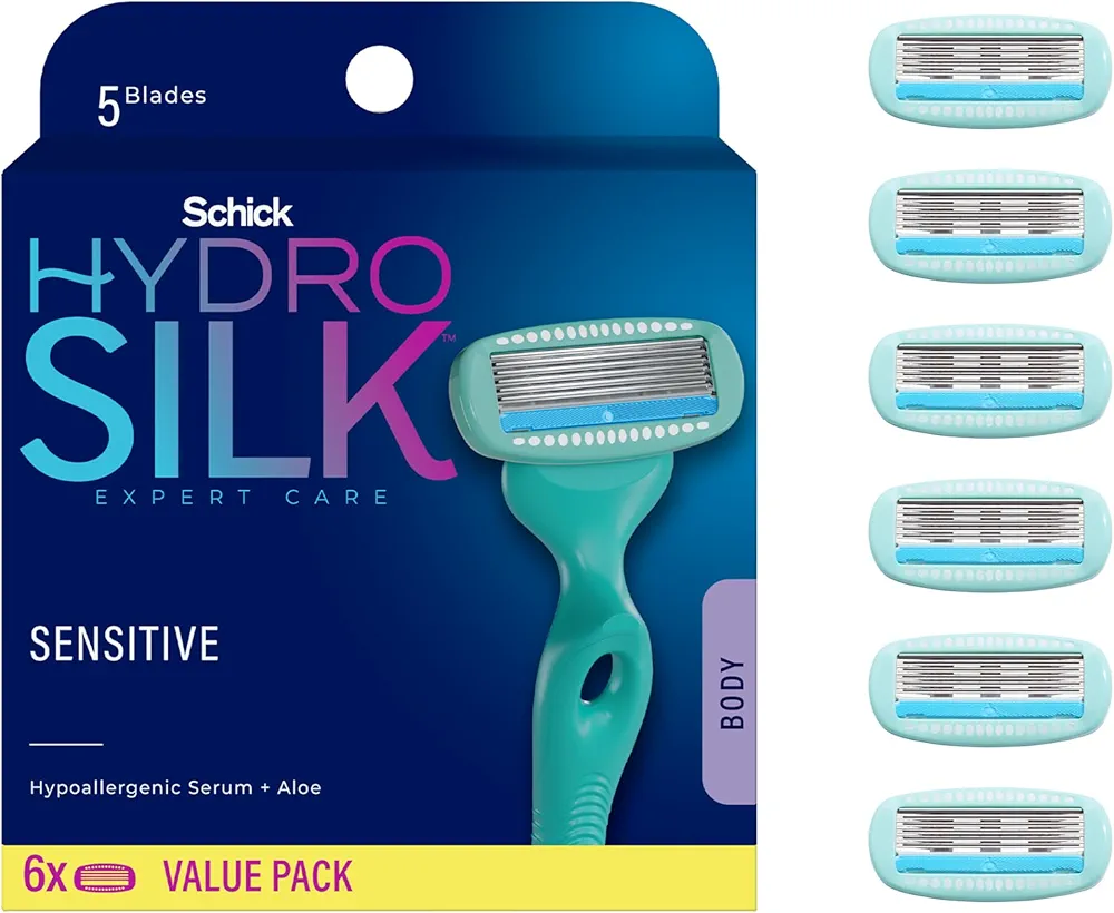 Schick Hydro Silk Sensitive Razor Blade Refills, 6 Count | 5-Blade Sensitive Skin Razors for Women | Womens Razor Refills for Sensitive Skin