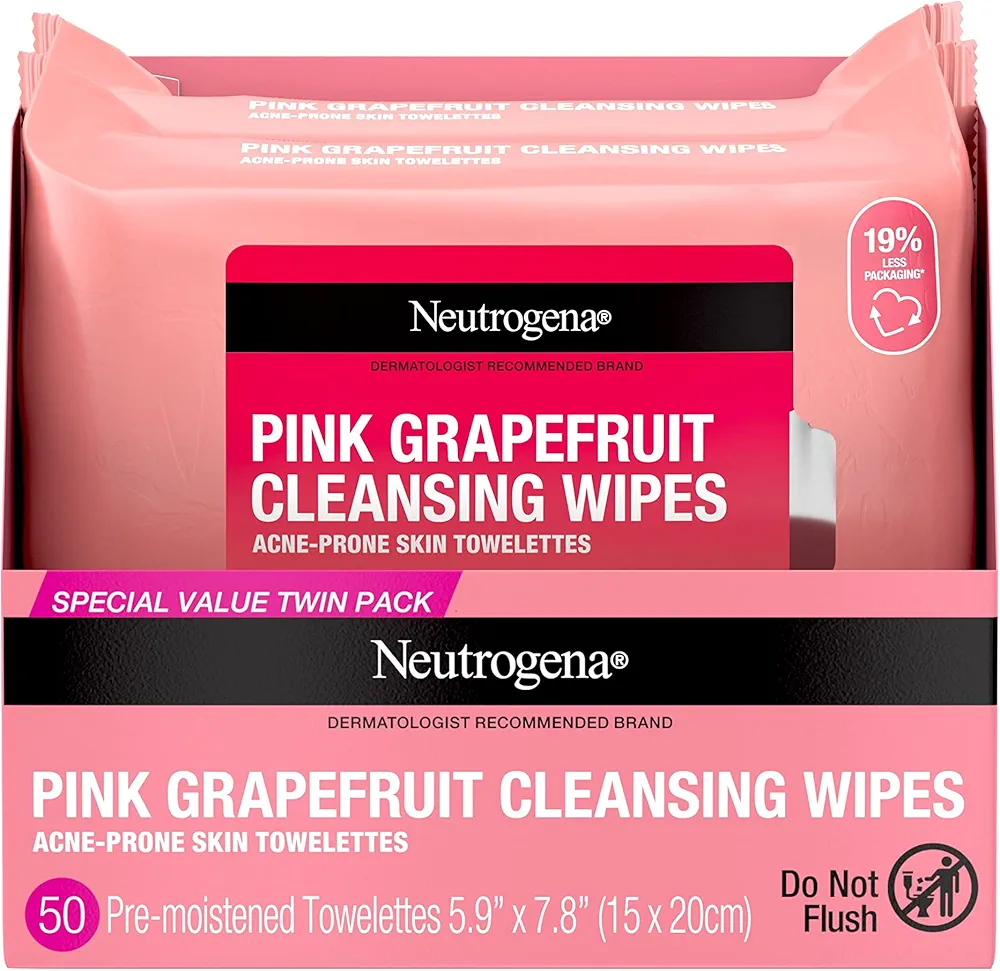 Neutrogena Makeup Remover Wipes, Facial Cleansing Wipes Suitable for Oily & Acne Prone Skin, Wipes Away Bacteria, Dirt & Oil, Scented Facial Wipes with Pink Grapefruit Extract, 25 Count (Pack of 2)