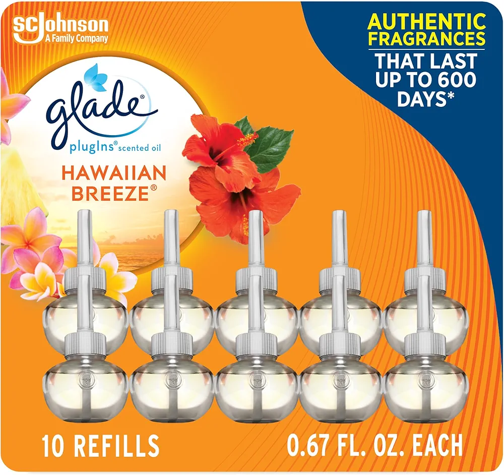 Glade PlugIns Refills Air Freshener, Scented and Essential Oils for Home and Bathroom, Hawaiian Breeze, 6.7 Fl Oz, 10 Count (Packaging May Vary)