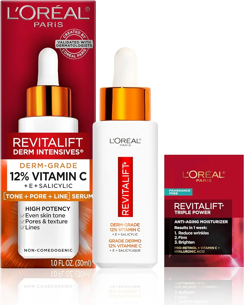 L'Oreal Paris Revitalift 12% Pure Vitamin C Serum, Vitamin E, Salicylic Acid, Brightening 1 oz + Moisturizer Sample