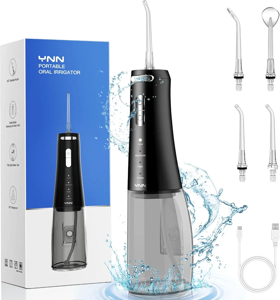 YNN Water Flosser, 300ML Larger Tank 5 Replaceable nozzles 4 Modes Electric Oral Irrigator Water Dental Flosser IPX7 Portable USB-C Rechargeable Water flosser for Teeth, Gums,Pick,Braces, Dental Care