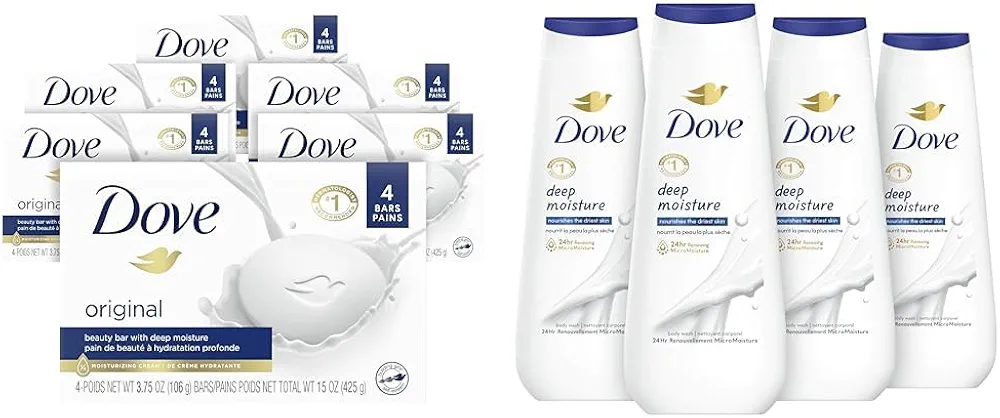 Dove Beauty Bar Original 24 Count Gentle Cleanser Bundle with Deep Moisture Body Wash 4 Count for Dry Skin