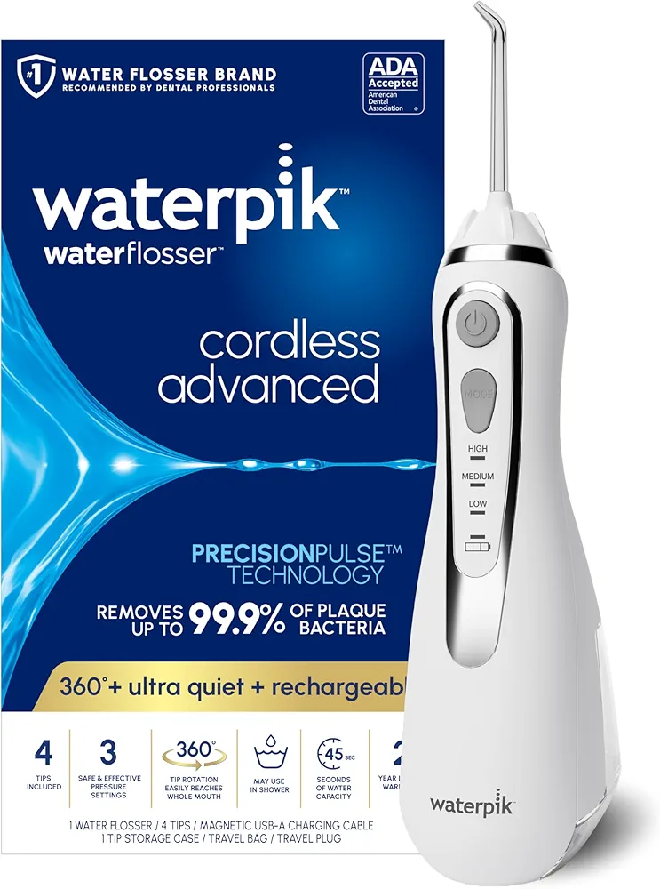 Waterpik Cordless Advanced 2.0 Water Flosser For Teeth, Gums, Braces, Dental Care With Travel Bag and 4 Tips, ADA Accepted, Rechargeable, Portable, and Waterproof, White WP-580, Packaging May Vary