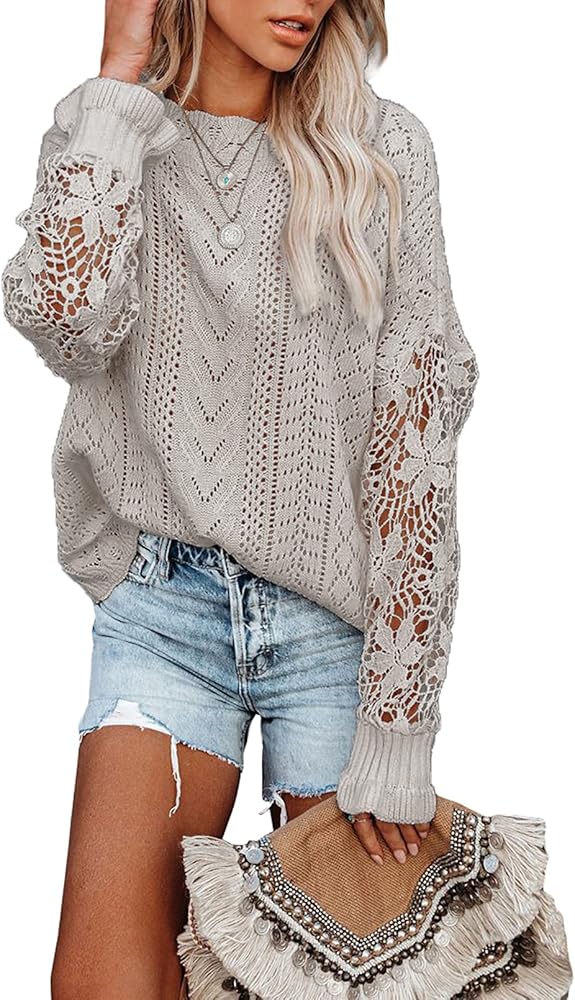 Dokotoo Womens Crewneck Crochet Lace Long Sleeve Hollow Out Cable Knit Sweaters Pullover Tops