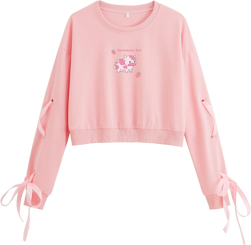 KEEVICI Cute Strawberry Cow Crop Sweatshirt for Teen Girls Kawaii Hoodie Pink Sweater Lace Up Long Sleeve Cotton Pullover…