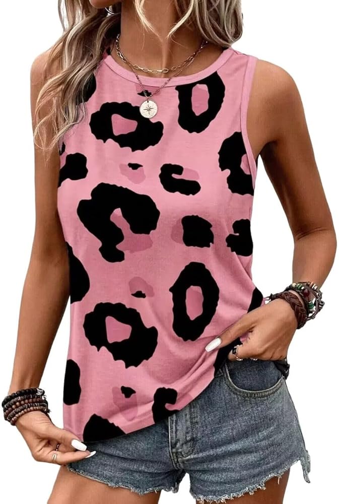 VKEGNIO Leopard Print Tank Top For Women Summer Sleeveless Tops Casual Cute Graphic Tanks Loose Fit Vintage Vacation Shirt