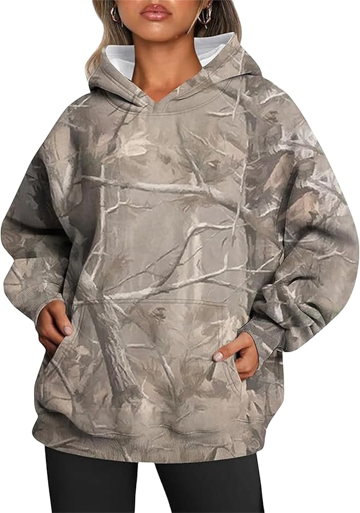 Women's Camo Hoodie Maple-Leaf Print Oversized Sweaters Fleece Casual Long Sleeve Pullover Sweatshirts with Pockets