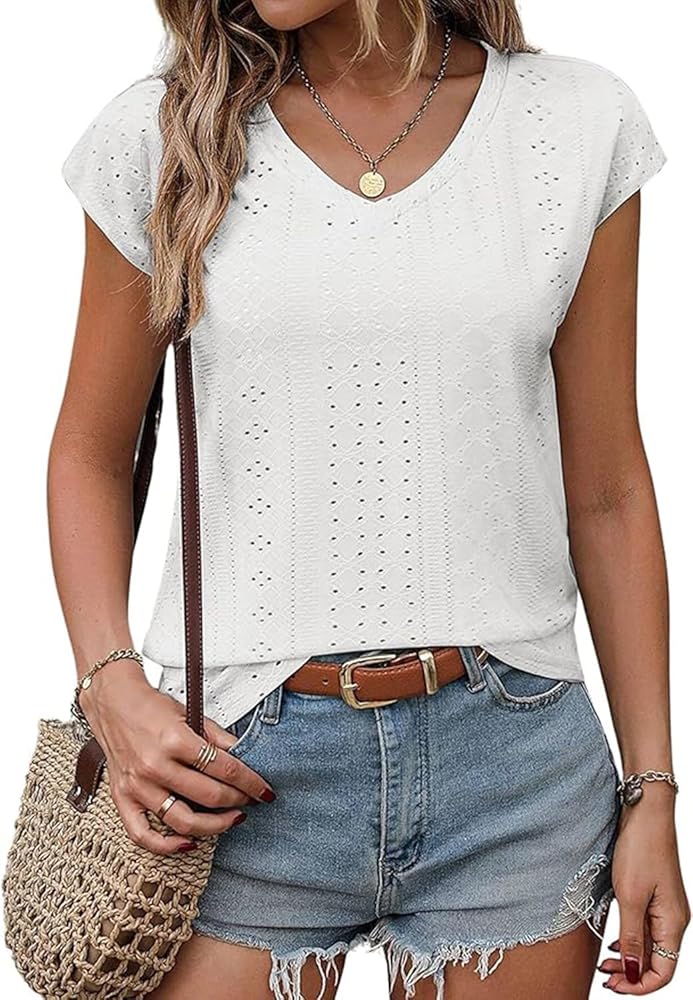 FECAFO Women Fashion Eyelet Embroidery Shirt Summer Solid Color Hollow Out Tops Tee V Neck Cap Sleeve Casual Vacation Blouse