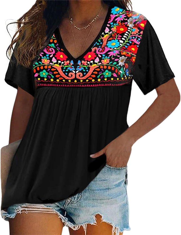 Melliflo Womens Short Sleeve Mexican Shirts Pleated Front Floral Embroidered Tee Shirt Loose Peasant Tunic Tops