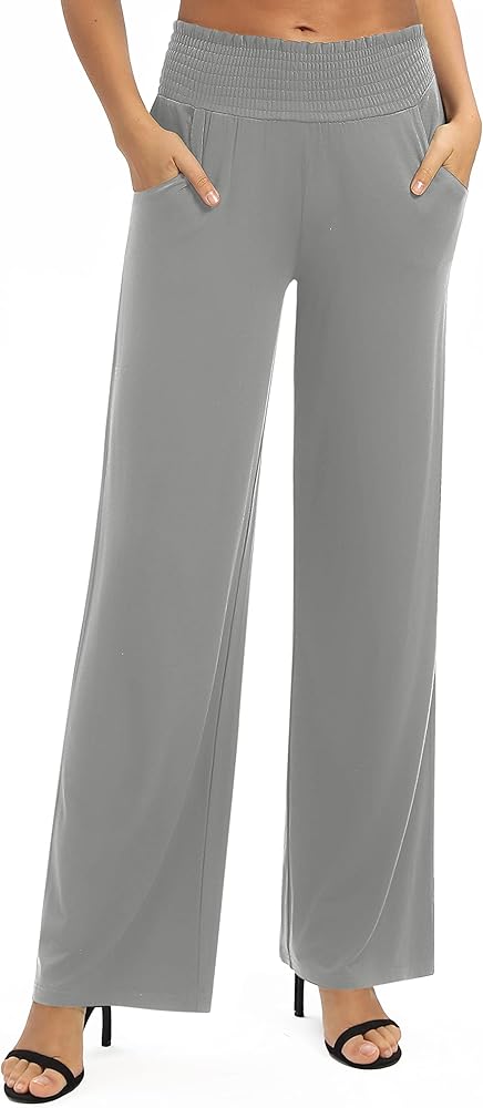 EXCHIC Women's Solid Loose Straight Leg Palazzo Pants High Waist Stretchy Lounge Trousers with Pockets