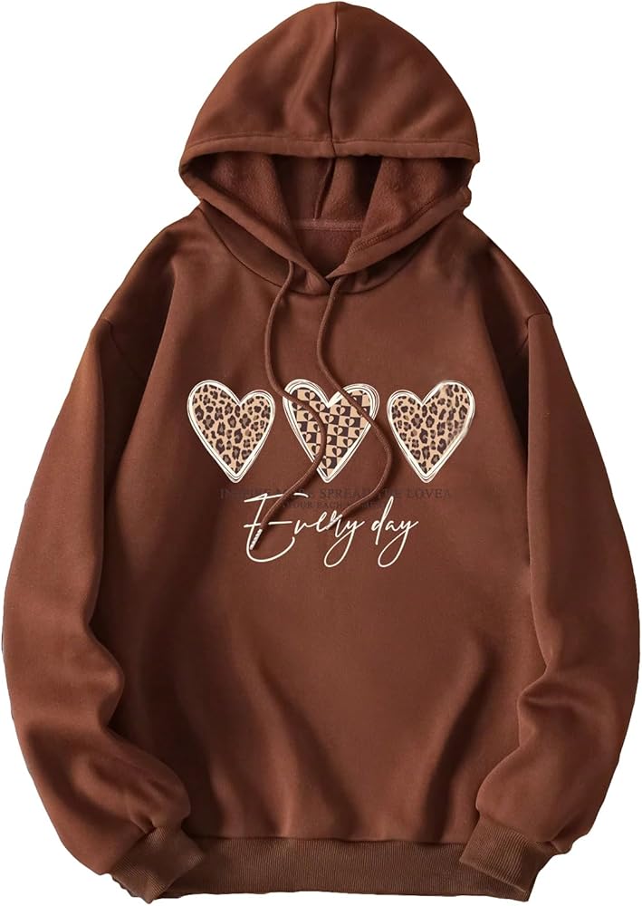 SweatyRocks Women's Casual Heart Print Long Sleeve Pullover Hoodie Sweatshirt Tops Rust Brown Leopard XS